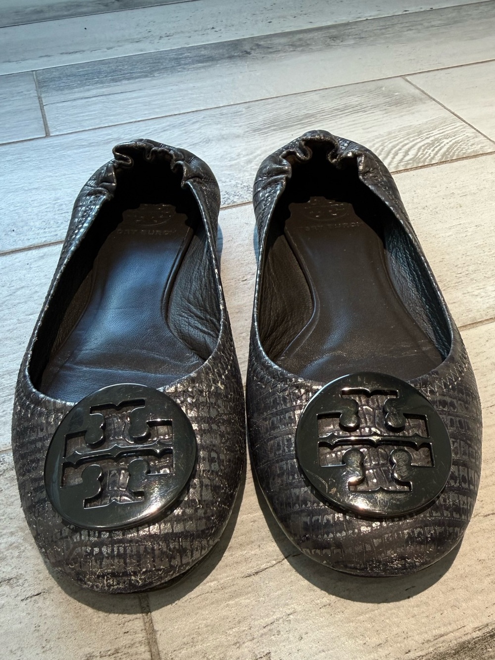 Tory Burch Black Textured Logo Ballet Flats